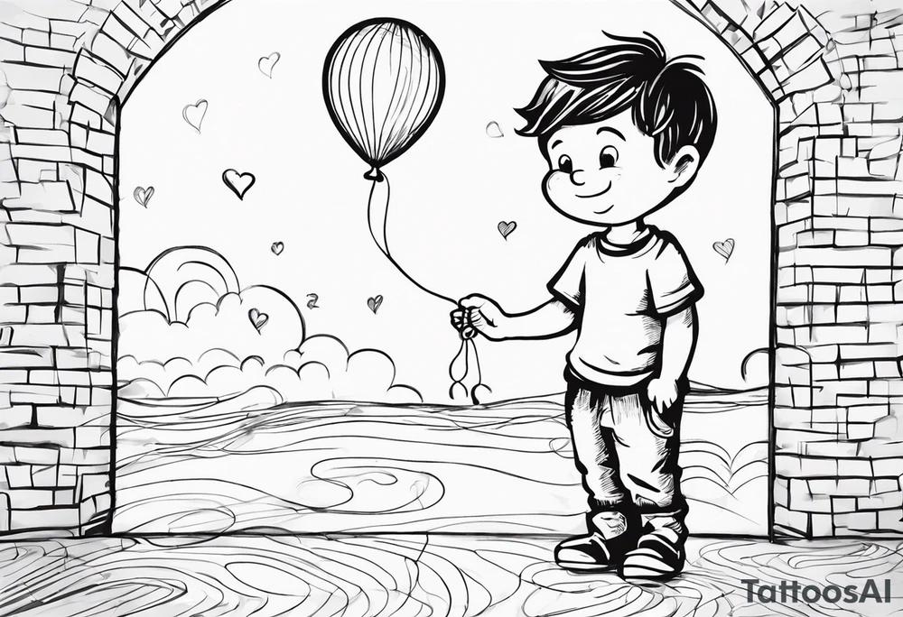 tatoo in sketch style only.
A little boy is holding a string to the hearth shaped small party baloon.
boy should be drawed from behind and has one hand reaching up in 45 degree angle and holding the baloon string
On the string is a wave which look like a hearbeat pulse.
draw it without any scenery, without any background. Just a boy 
Add heartbeat pulse on the string tattoo idea