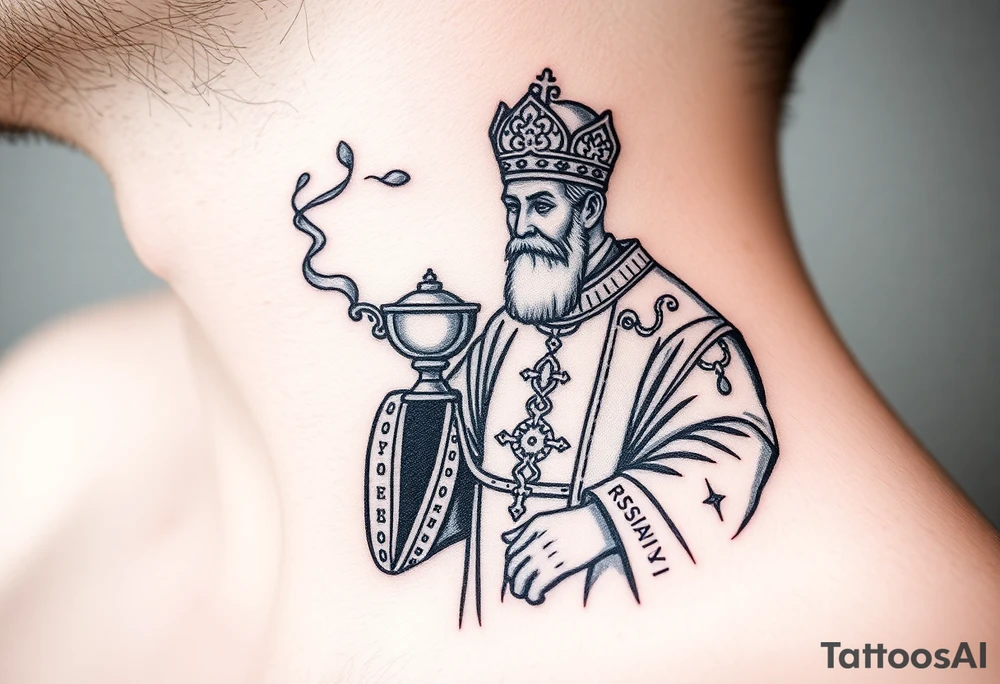 Russian Orthodox Priest in a fully detailed gold vestment swinging a censer with smoke curling upward tattoo idea