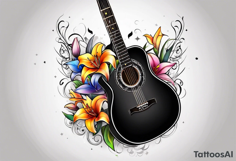 black acoustic guitar with a star on the body and colorful lilies around it. tattoo idea