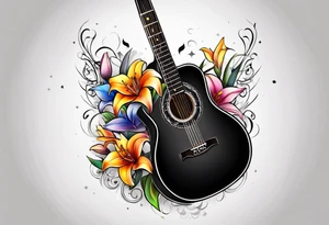 black acoustic guitar with a star on the body and colorful lilies around it. tattoo idea
