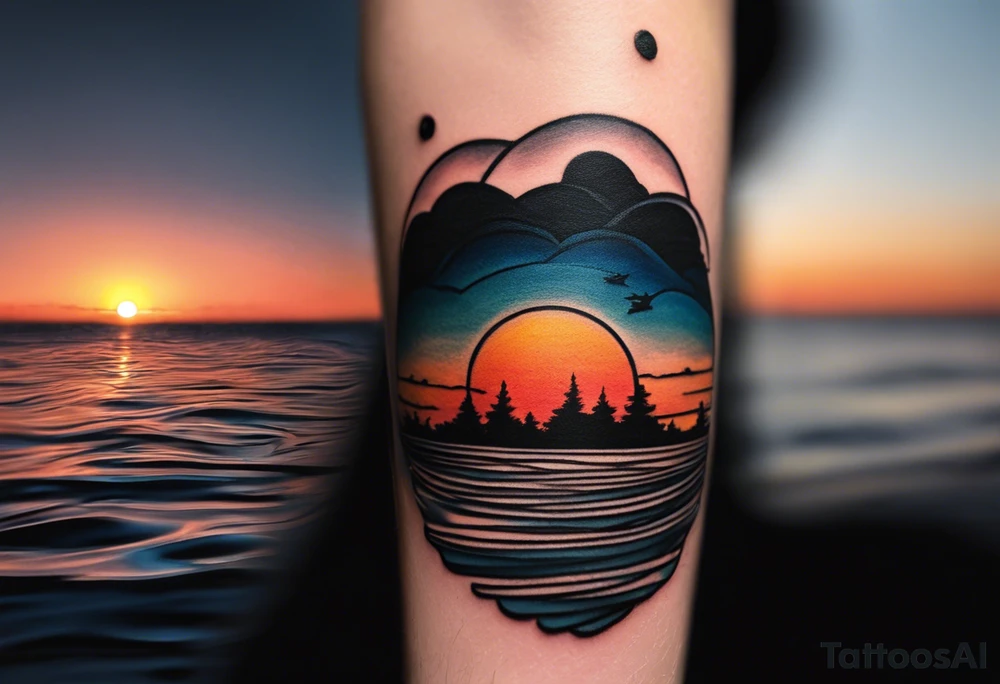Sunset from the perspective of being on a boat on the ocean. The waves are very calm and there is no land in site. There are slight reflections of the sun on the water. The tattoo will be in landscape orientation on the forearm, rought 3 inches wide and 2 inches tall. The style is incredibly minimal and simple. Mostly black with small splashes of color from the sun. tattoo idea