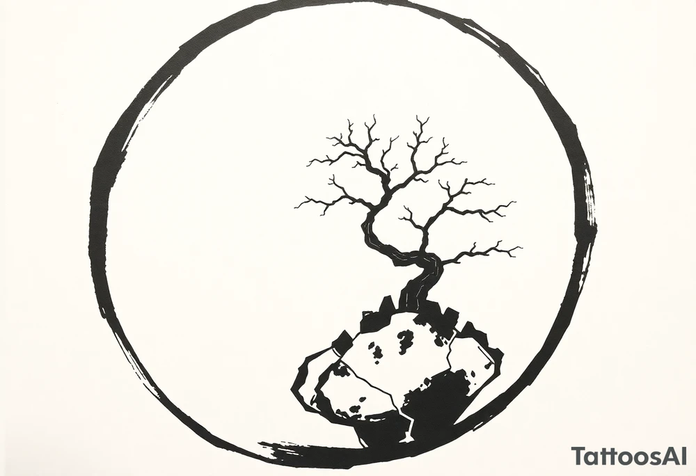 thick Zen ensō circle, drawn with a bold, hand‑painted black ink brushstroke. The circle is imperfect and organic, with visible texture and subtle variation in line thickness. About the last quarter of the circle, near the top‑right, transforms into a cracked ceramic segment that has been repaired using kintsugi: visible broken pieces outlined and joined by thin, flowing gold lines. There should be a couple big pieces of ceramic and no small ones. The circle and the ceramic part should have the same thickness. The gold seams follow the natural fractures of the ceramic section, creating several branching cracks rather than a single line, clearly distinguishing this repaired portion from the rest of the smooth ink circle. The transition from ink to ceramic should feel natural, as if the painted circle solidifies into a fragile object that has been lovingly mended. The ceramic shall seamlessly flow into a rock from which a tree of life sprouts. Design it as a black and gray tattoo with a subtle metallic gold effect on the kintsugi seams, suitable for a medium‑sized placement on the back of the bicep. tattoo idea