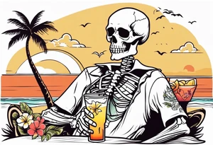 skeleton wearing a button up hawaiian shirt relaxing on the beach with a drink tattoo idea