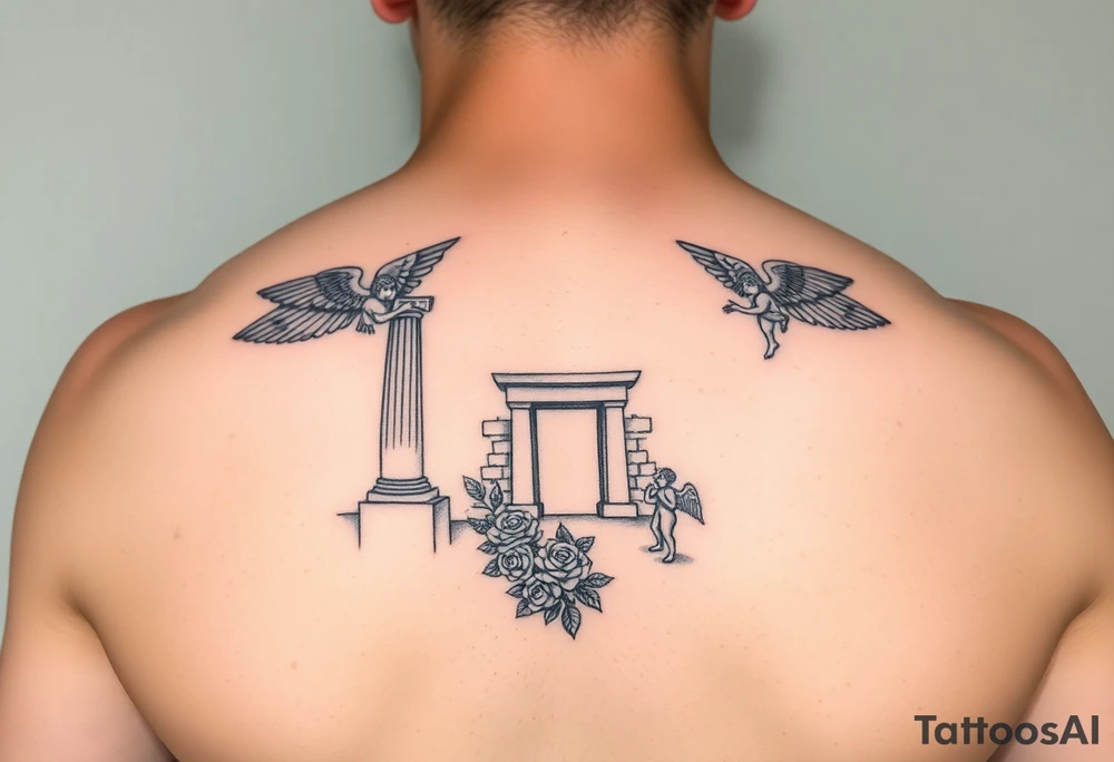rocky  road to better on this journey on recovery, protected by a strong belief in God, failed alot, resilence is key represented by ancient temple columns and transcending gates, angels, transformation by roses growing from carpet tattoo idea