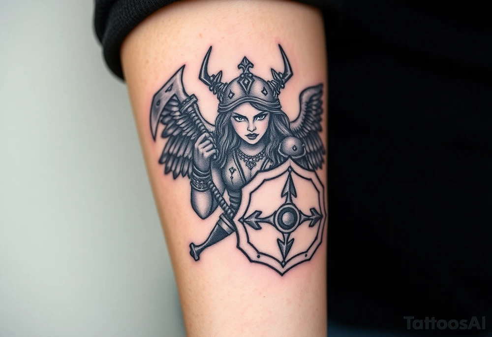 A fierce looking Valkyrie with very big dark wings. She's wielding a menacing axe and a sturdy shield with a vegvisir symbol.

Her face is really attractive but screaming with battle rage.

She's heavily armored and ready for battle tattoo idea