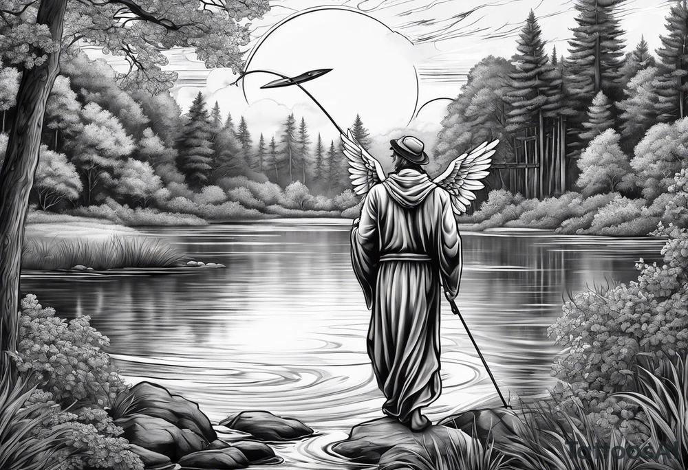 male angel with halo fishing in on a lake bank tattoo idea