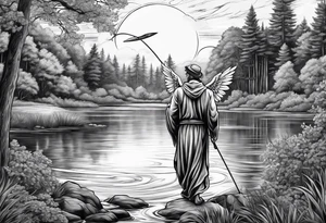 male angel with halo fishing in on a lake bank tattoo idea
