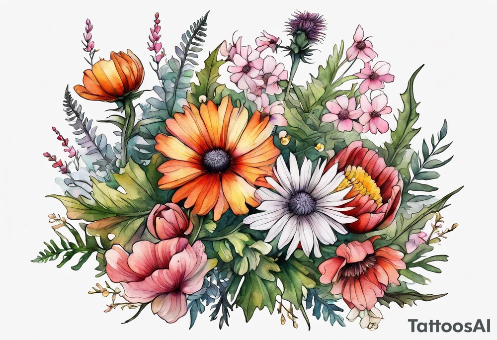 wildflowers with thistles, ferns, white flowers, pink flowers, burnt orange flowers, red flowers and yellow flowers all in watercolor tattoo idea