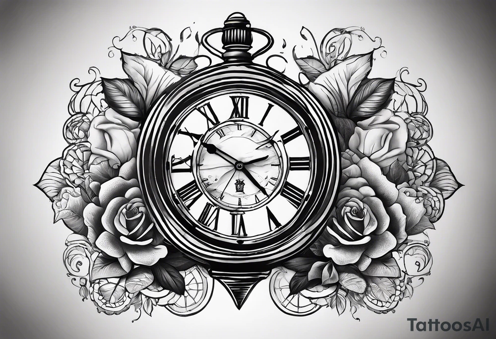 a tattoo mixing a clock and an hourglass in black and white where the year 1979 appears. tattoo idea