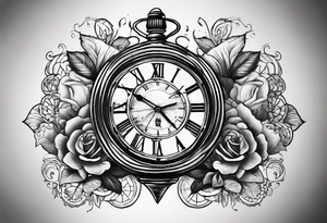 a tattoo mixing a clock and an hourglass in black and white where the year 1979 appears. tattoo idea