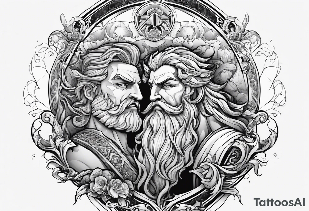 Poseidon and hades back to back with font in between and year of birth underneath tattoo idea