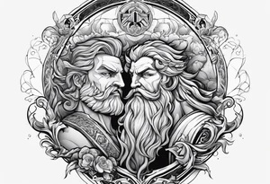 Poseidon and hades back to back with font in between and year of birth underneath tattoo idea