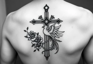 Cross sword darkened in with roses pearls and a phoenix rising from the ashes feminine the phoenix is not the main attraction the cross is on tricept tattoo idea