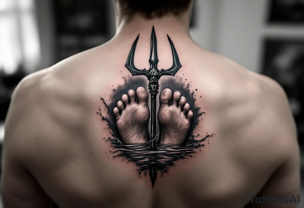 barefeet behind trident with water tattoo idea