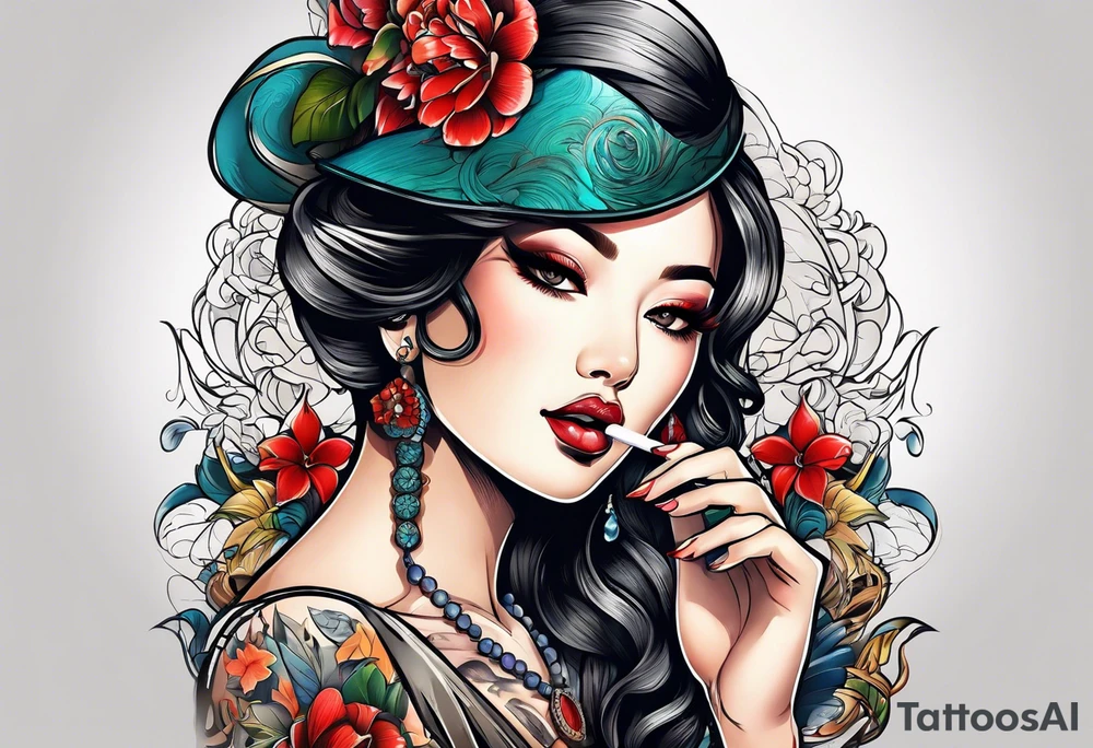 woman smoking cigarette tattoo idea