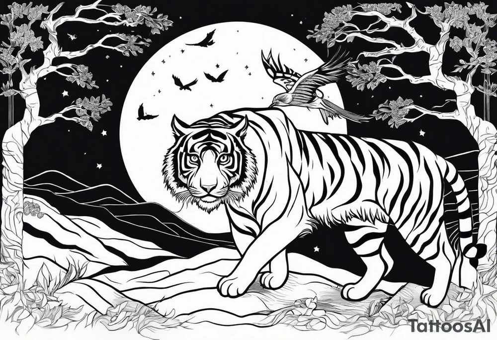 Tiger hunting a flying owl underneath a full moon in a forest tattoo idea