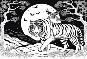 Tiger hunting a flying owl underneath a full moon in a forest tattoo idea