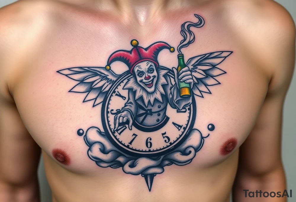 a jester clown floating in smoke with a  clock, the time says 420,  with two open wings besides the clock, smoke as the spring rising from the clock, a jester clown coming out the smoke, smoking in one hand with a liquor bottle on the other hand tattoo idea