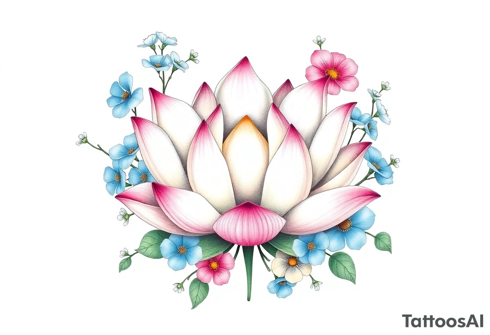 Lotus flower surrounded by forget me nots and peonies tattoo idea