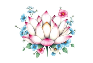 Lotus flower surrounded by forget me nots and peonies tattoo idea