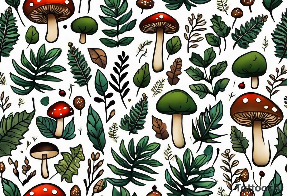 minimalistic forest floor inspired tattoo, which includes grass, moss, curly ferns and dead leaves as the bulk of the tattoo. details to include: forest berries, couple of very small brown mushrooms, a tiny bumblebee flying nearby tattoo idea