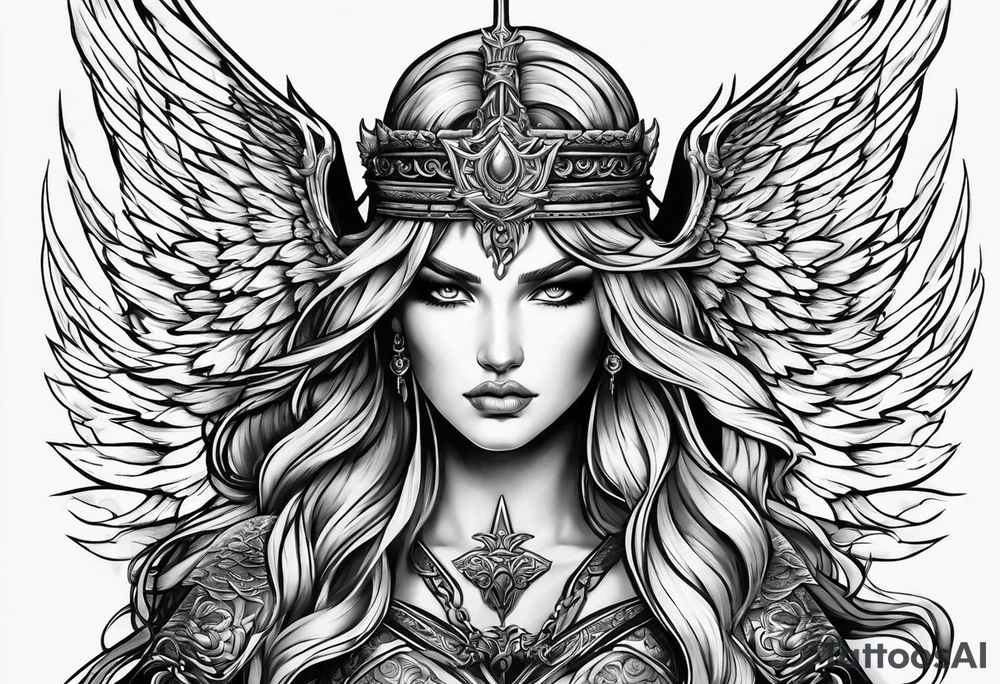 Female angel with sword lightning and lightning eyes tattoo idea Female angel with sword lightning and lightning eyes tattoo idea