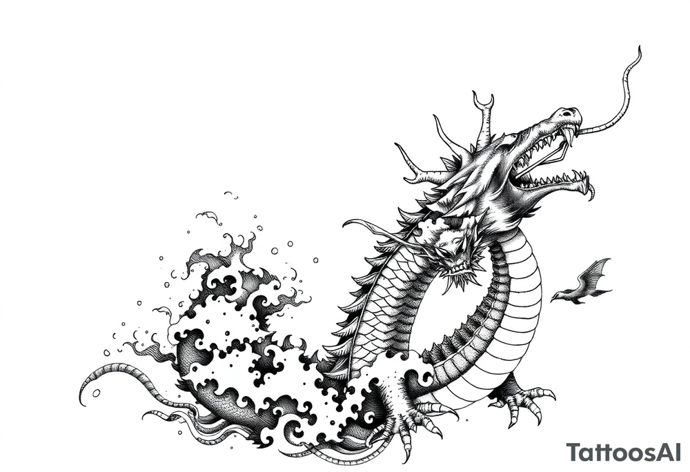 The ocean for the left side. The dragon with sumie style for the right side. That dragon goes up tattoo idea