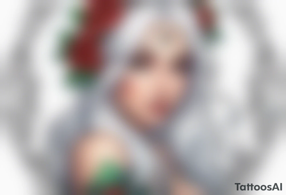 elf princess with white hair, roses, and tattoos under her eyes tattoo idea