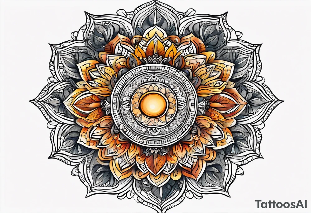 male moon mandala Knee tattoo in fall colors tattoo idea
