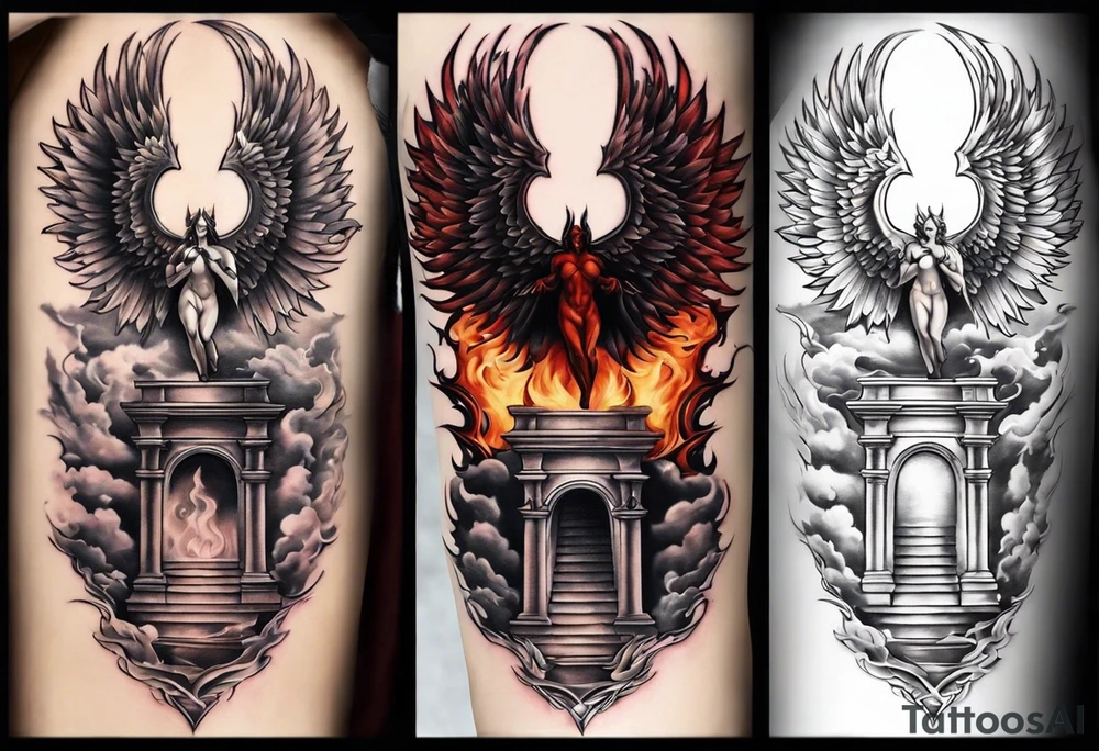 Chest tattoo design split down the middle. Angel/heaven side on the left with a staircase going up. Devil/hell side on the right with a staircase going down. Clouds on the angel side. Flames on the hell side. One angel wing & one devil wing as background features. tattoo idea