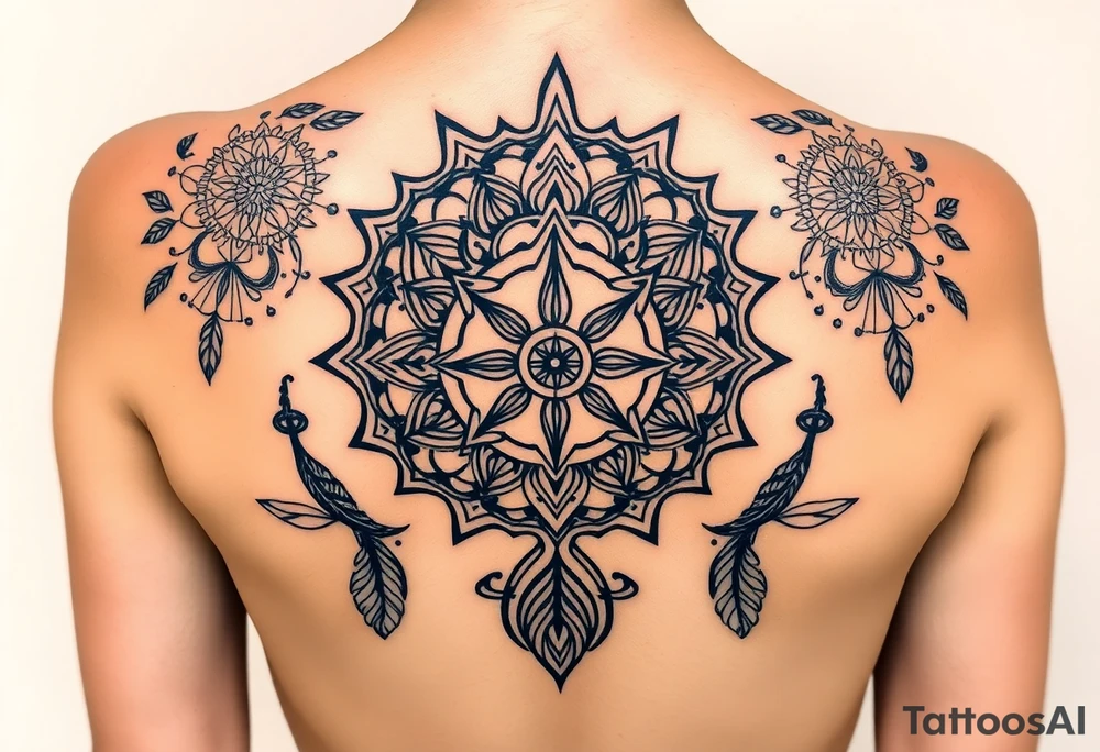 shaman symbols and mandalas and feathers wicca witch spiritual and sami culture big whole back tattoo idea