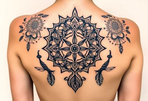 shaman symbols and mandalas and feathers wicca witch spiritual and sami culture big whole back tattoo idea