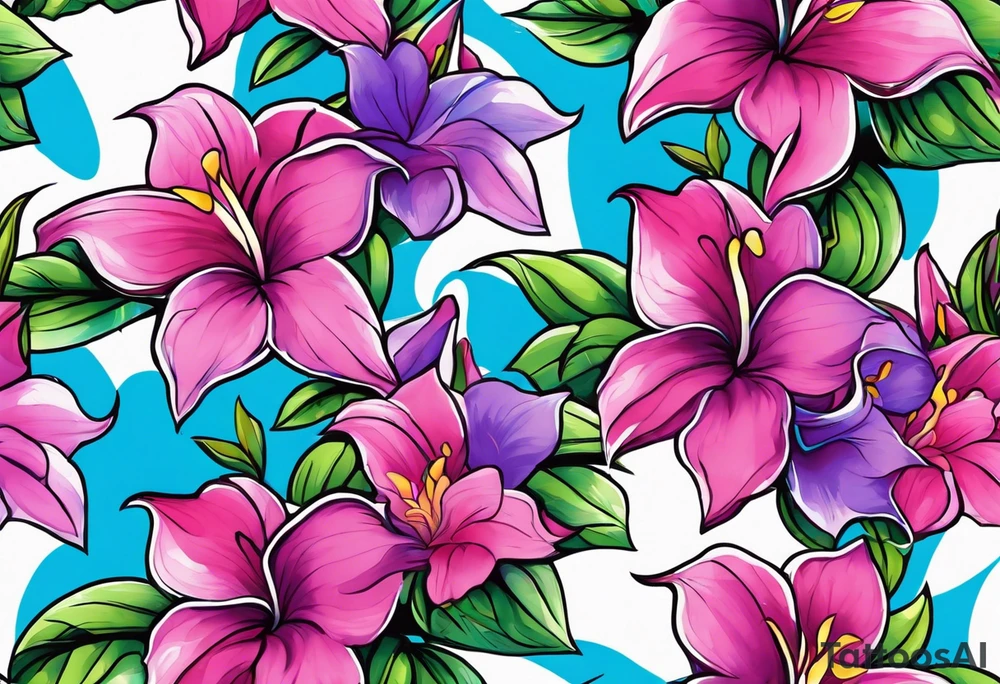 brushstroke abstract pink, purple, and blue mandevilla flowers on a vine, with color leaking out into the background. SOme of the flowers should be full color, and some just linework. It should have a handdrawn, sketch feel. tattoo idea
