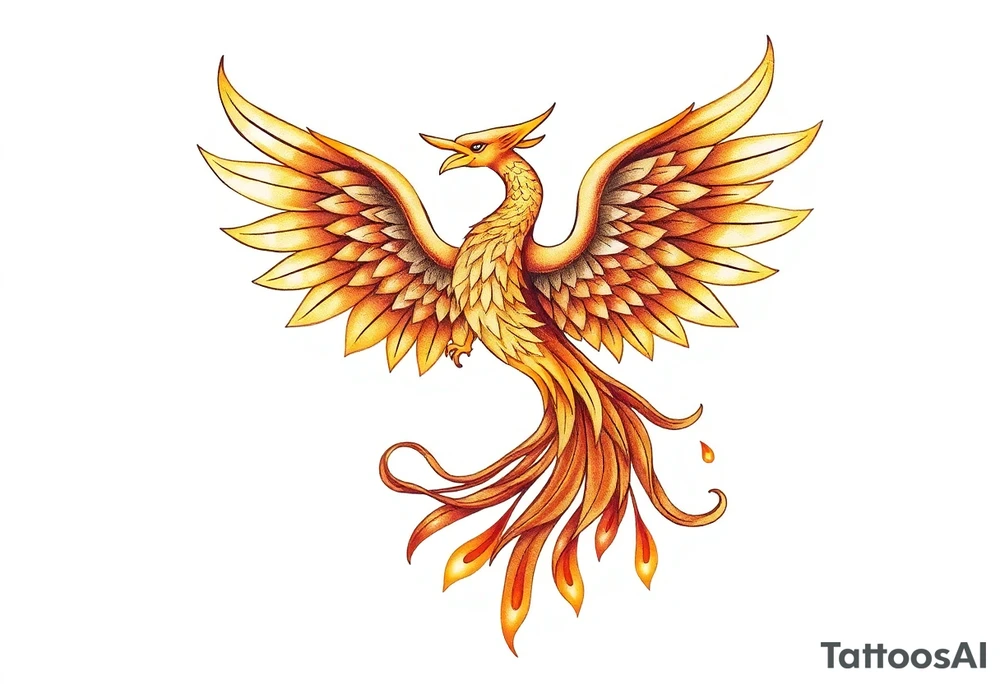 magnificent phoenix rising from golden flames with trailing embers tattoo idea