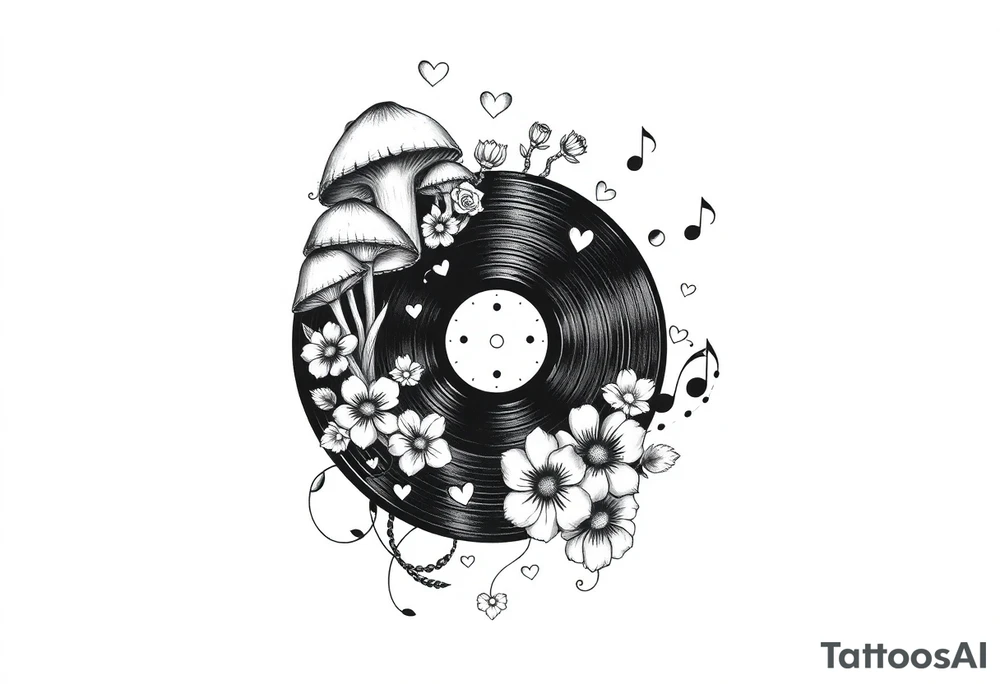 vinyl record with mushrooms, flowers, hearts, and music notes tattoo idea