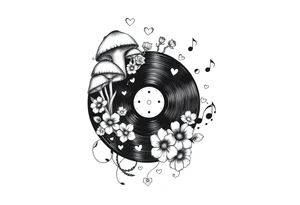 vinyl record with mushrooms, flowers, hearts, and music notes tattoo idea