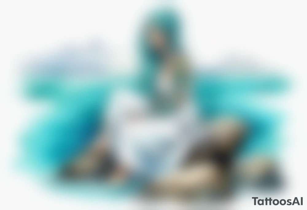 An undine with turquois scales wearing a white robe, sitting on rocks by the ocean tattoo idea
