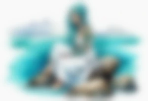 An undine with turquois scales wearing a white robe, sitting on rocks by the ocean tattoo idea