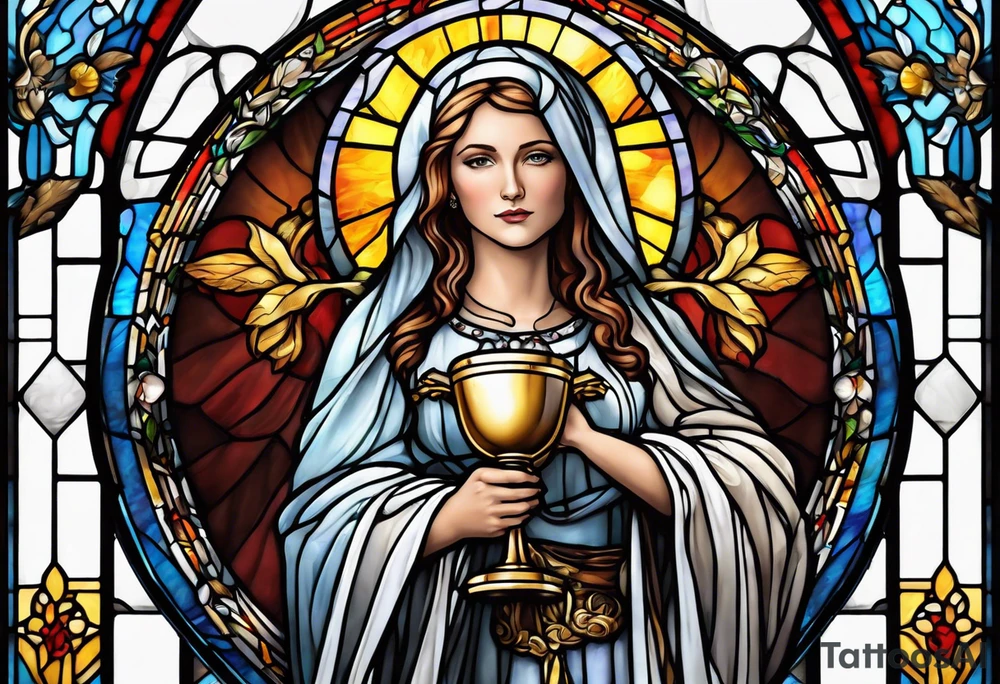 holy saint woman with halo stained glass holding a chalice with artillery tattoo idea