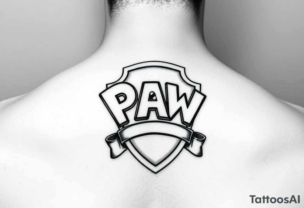 Paw patrol badge with letters  K M C wrapped stacked offset around it tattoo idea
