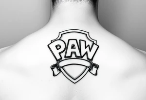 Paw patrol badge with letters  K M C wrapped stacked offset around it tattoo idea