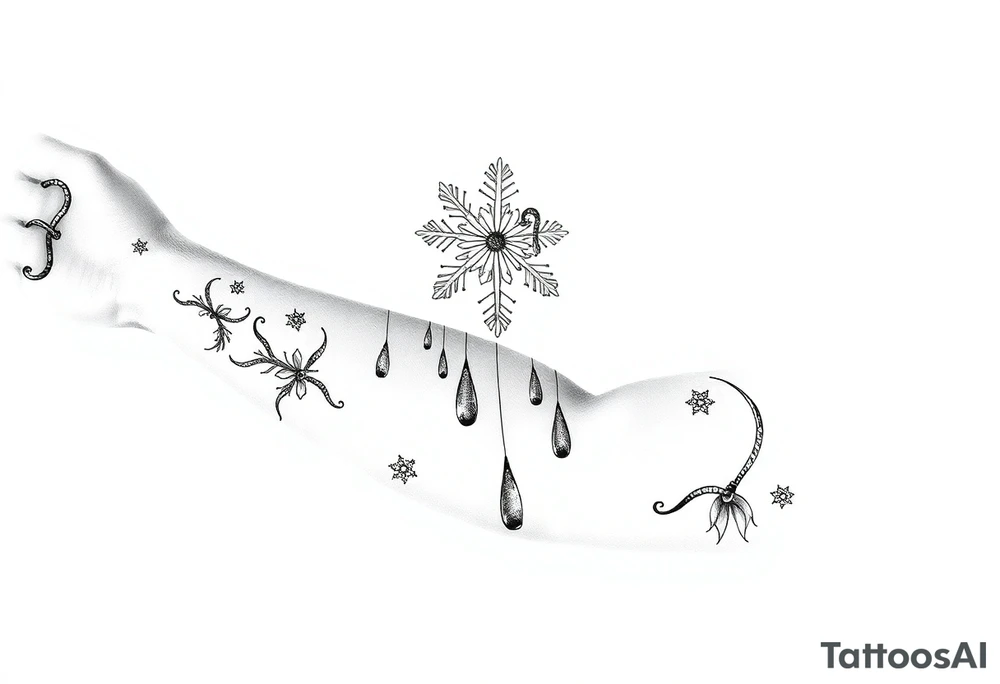 A snowflake melting and turning into rain drops and the rain drops cascading over and umbrella tattoo idea