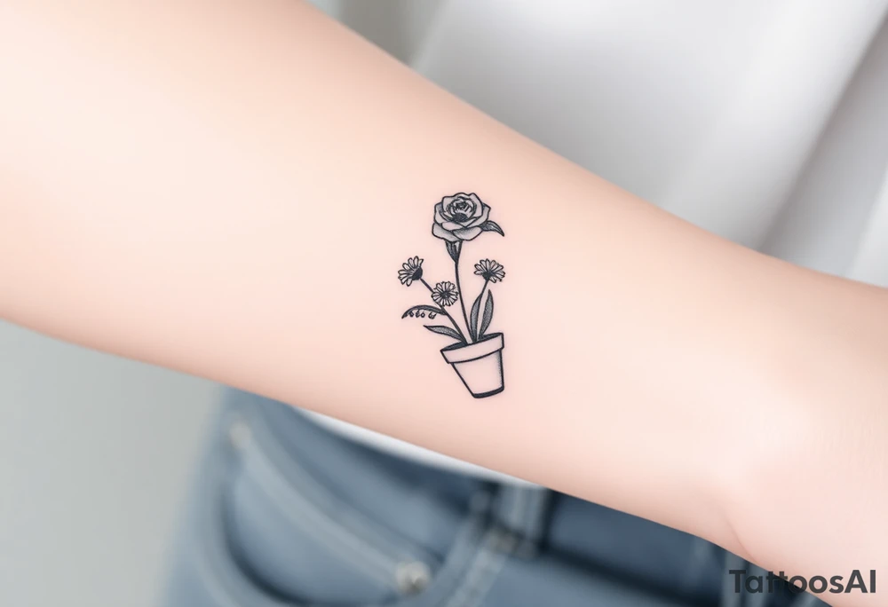 African violet, Daisy, Lily of the valley, Rose in a flower pot. Light color shading tattoo idea