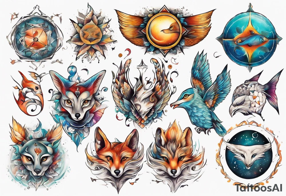 fisch, fuchs und eule , symetrie universum, bunt tattoo idea