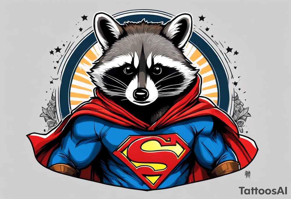 raccoon wearing a Superman hoodie tattoo idea