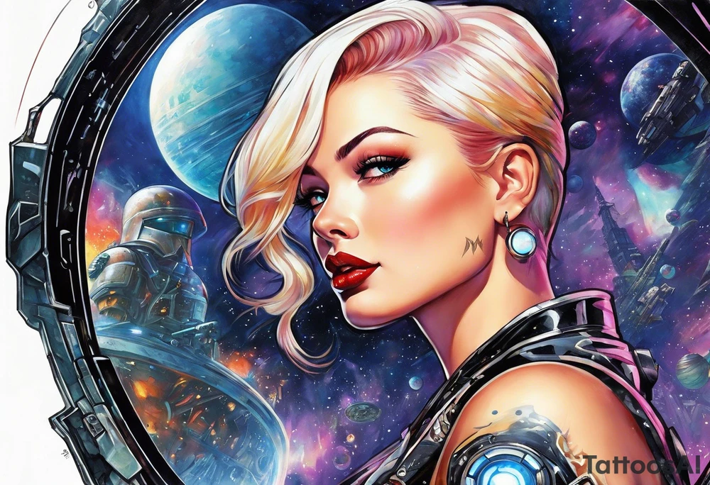 cyborg pinup girl, retro futurism, smooth skin, no tattoos tattoo idea