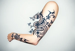 un dragon central entouré de fleurs de lys de style avec des ombrages dans un style assez fin tattoo idea