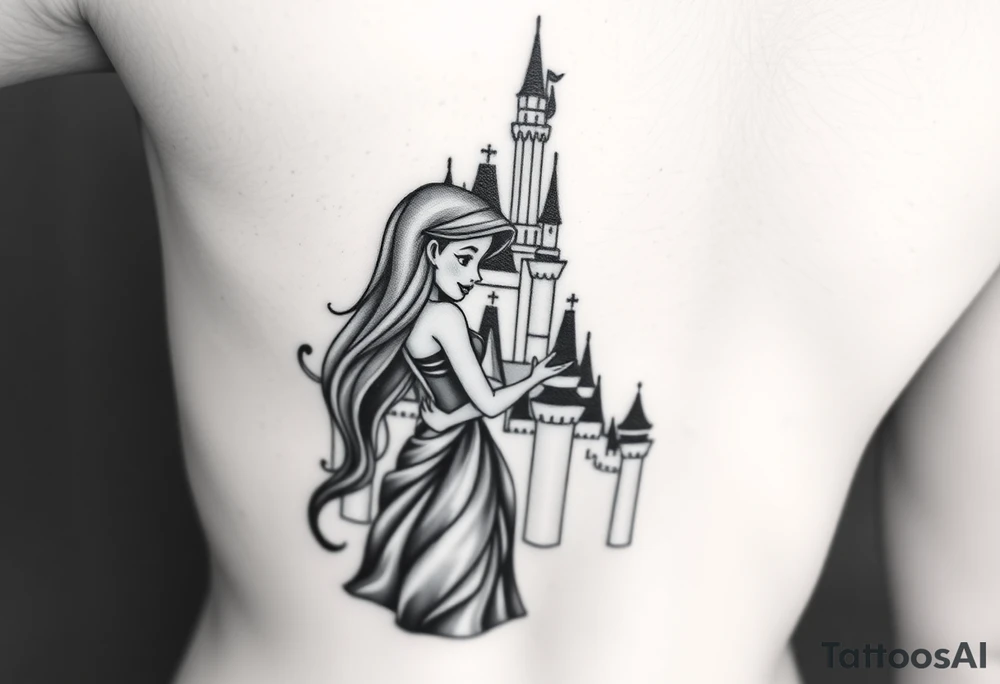 Disney princesses ariel and bell, hugging inn front of disney castle, black and white realism,castle can be outlined no need for details.leg sleveve, princesses detailed like in a cartoon tattoo idea