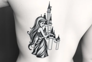Disney princesses ariel and bell, hugging inn front of disney castle, black and white realism,castle can be outlined no need for details.leg sleveve, princesses detailed like in a cartoon tattoo idea