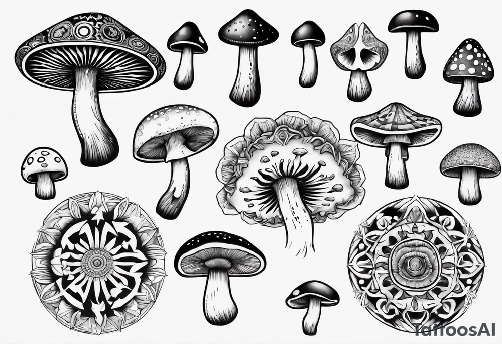 book, mushrooms, psychedelic, mandala tattoo idea